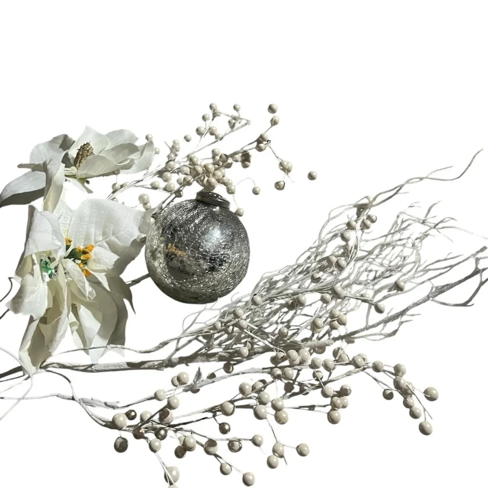Elegant White and Silver Floral Ornament Set